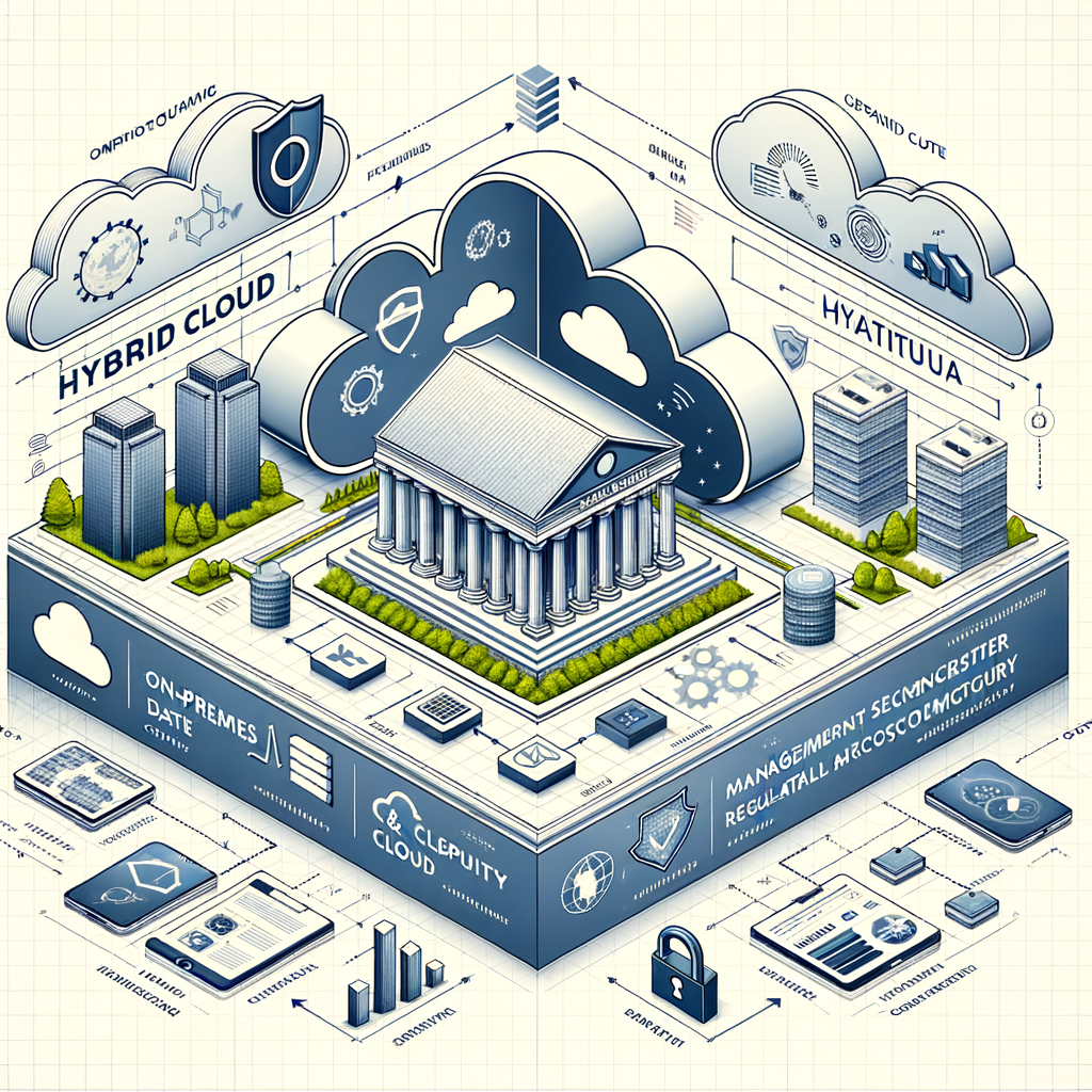Design an image in a vector, flat and corporate style on a textureless white backdrop, in 2D, linear perspective. The composition should illustrate a hybrid cloud architecture which serves as a crucial strategy for financial institutions confronting an increasingly intricate regulatory ecosystem. The hybrid cloud bridges an on-premises data centre and a public cloud environment, signifying the fusion of on-premises and cloud environments which offers flexibility, security and scalability to maintain regulatory compliance and operational efficiency. Incorporate a security shield symbolising data protection. Further include a data chart indicating management and analysis of large data volumes. Display icons of regulatory frameworks such as GDPR and CCPA, showcasing regulatory demands, and include an image of a bank representing the financial sector.