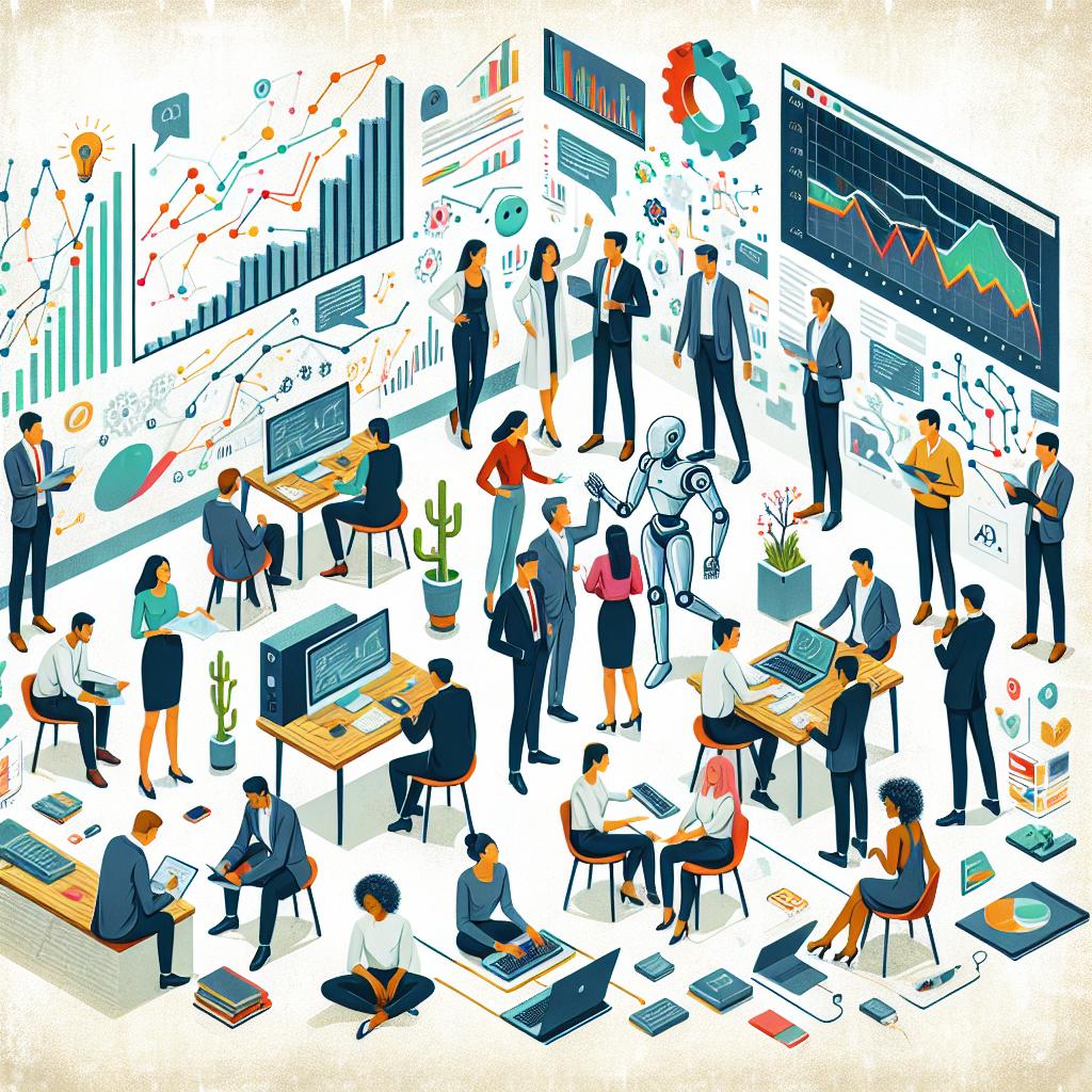 Picture the scene in a 2D, linear perspective with a flat, corporate style. The setting has a white, textureless background. In the center, is a group of diverse male and female professionals collaborating; some are looking at reports, while others are coding on computers. They symbolize the Future AGI team. Nearby, there are graphs showing a rising trend, symbolizing the increase in investment in AI. Scattered around them are cutting-edge gadgets and software, depicting innovations in AI. The image is painted with vibrant colors, conveying a feeling of dynamism and innovation.
