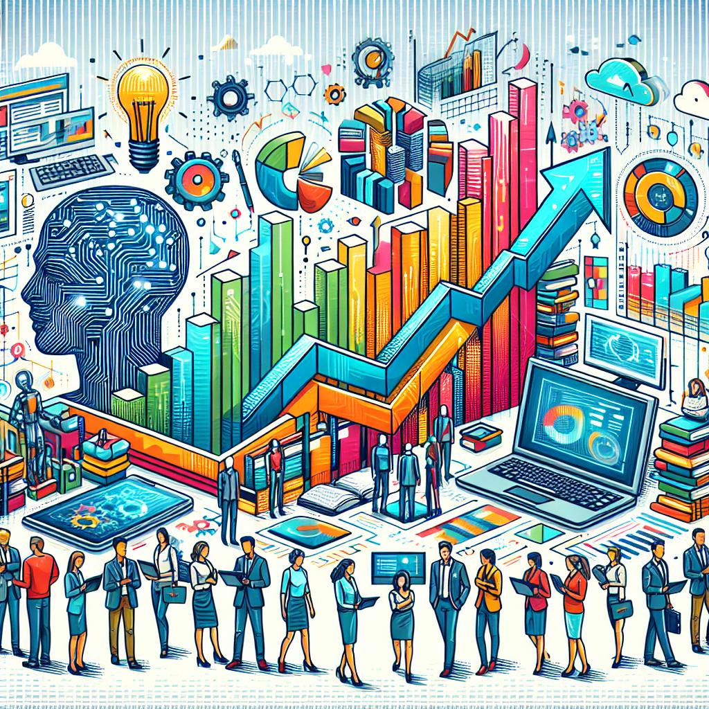 In a flat corporate style, a 2D, linear perspective vector illustration on a clean, white, textureless background. The image represents the innovative revolution caused by MiniMax's AI models, with elements symbolizing the domains of innovation, technology, and collaboration in artificial intelligence. Include computers, symbolizing the evolving technology; books to reflect knowledge and information processing capacity. Show people of diverse genders and descents interacting to symbolize collaboration among developers and researchers. Incorporate growth charts to indicate the burgeoning market potential of developed technologies. Use vibrant colors to mirror the innovation and energy of the technology sector.
