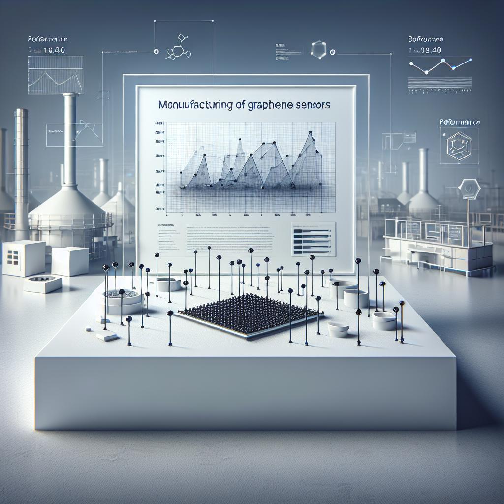 An artistic rendering in 2D, vector, flat, corporate style representing the manufacturing process of graphene sensors by a rising technology company. The image features a white, texture-less background. Distinguished in the foreground is a blank screen showcasing highlighted sensory elements made of graphene, adding versatility to its appeal. The backdrop speaks of cutting-edge laboratories, subtly conveying an air of innovation. Embed performance charts demonstrating the capacities of the sensors throughout the image, subtly suggesting the promising future of graphene sensor technology.