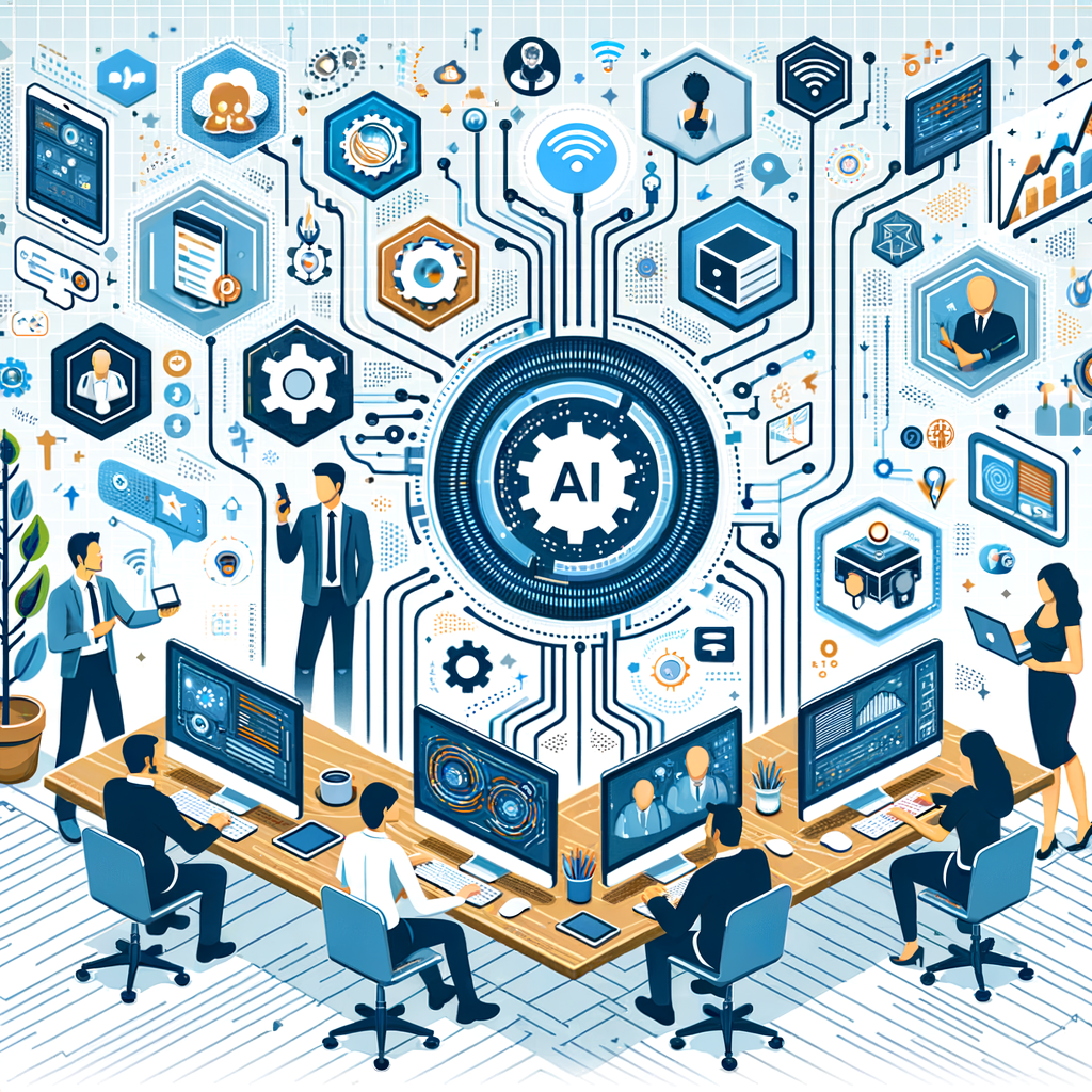 Create an image visualizing a work team collaboration in a digital environment with elements of Artificial Intelligence shown via icons and graphics. The scene should be set in a vector style, with a flat, corporate look on a white, textureless background in 2D, linear perspective. The image needs to comprise computers and mobile devices to symbolize the global connectivity of a remote work platform. Evident should be AI icons to symbolize the integration of advanced technology. Also, portray freelancers and clients of differing descents and genders interacting, showing the collaboration facilitated by the platform. Add productivity graphics to indicate efficiency increase and security elements to represent automated fraud review.