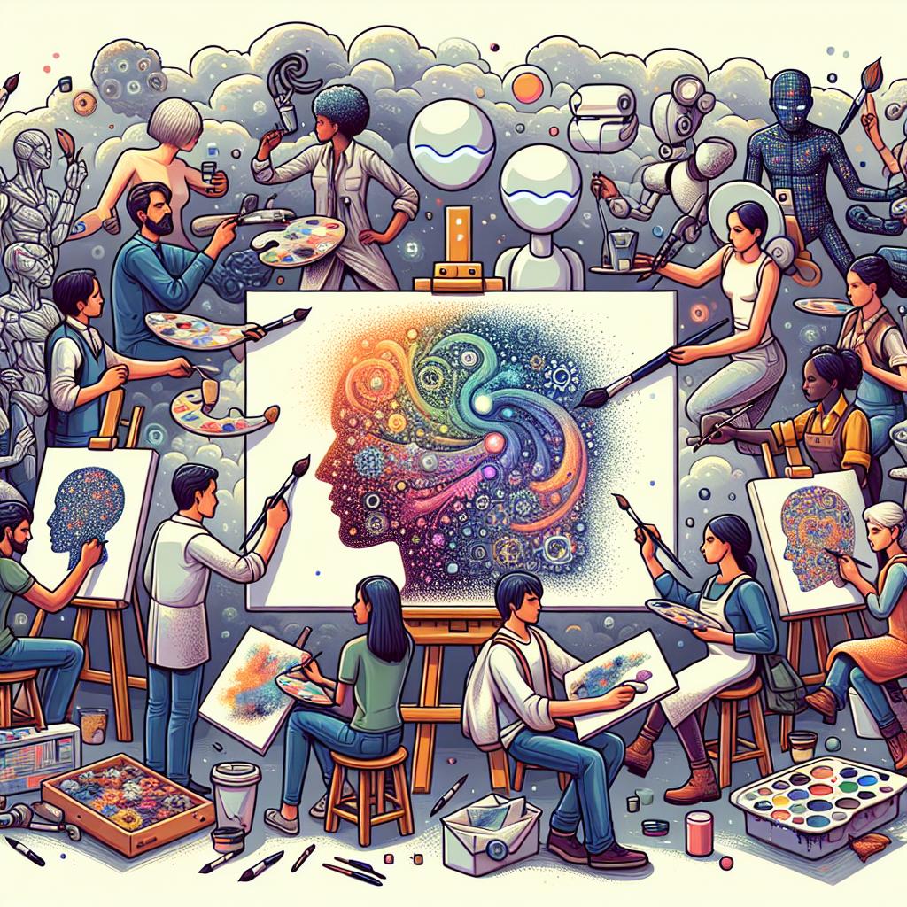 Create a 2D, linear perspective, white and flat vector-style illustration symbolizing artists at work on their creations, fighting against the emergence of generative AI tools. The artists include people of varying descents such as Hispanic, South Asian, Middle Eastern, and Caucasian and both genders, each focused on their unique pieces of art which are vibrant, energetic, and highly detailed. The background should be populated with AI generated images in a less vibrant color, indicating the looming presence and influence of technology. Around them are artistic elements like brushes and canvases, highlighting their dedication to human creativity. Sprinkled across the image are dark, brooding clouds symbolizing the uncertainty and challenges these artists face in light of advancing technology.