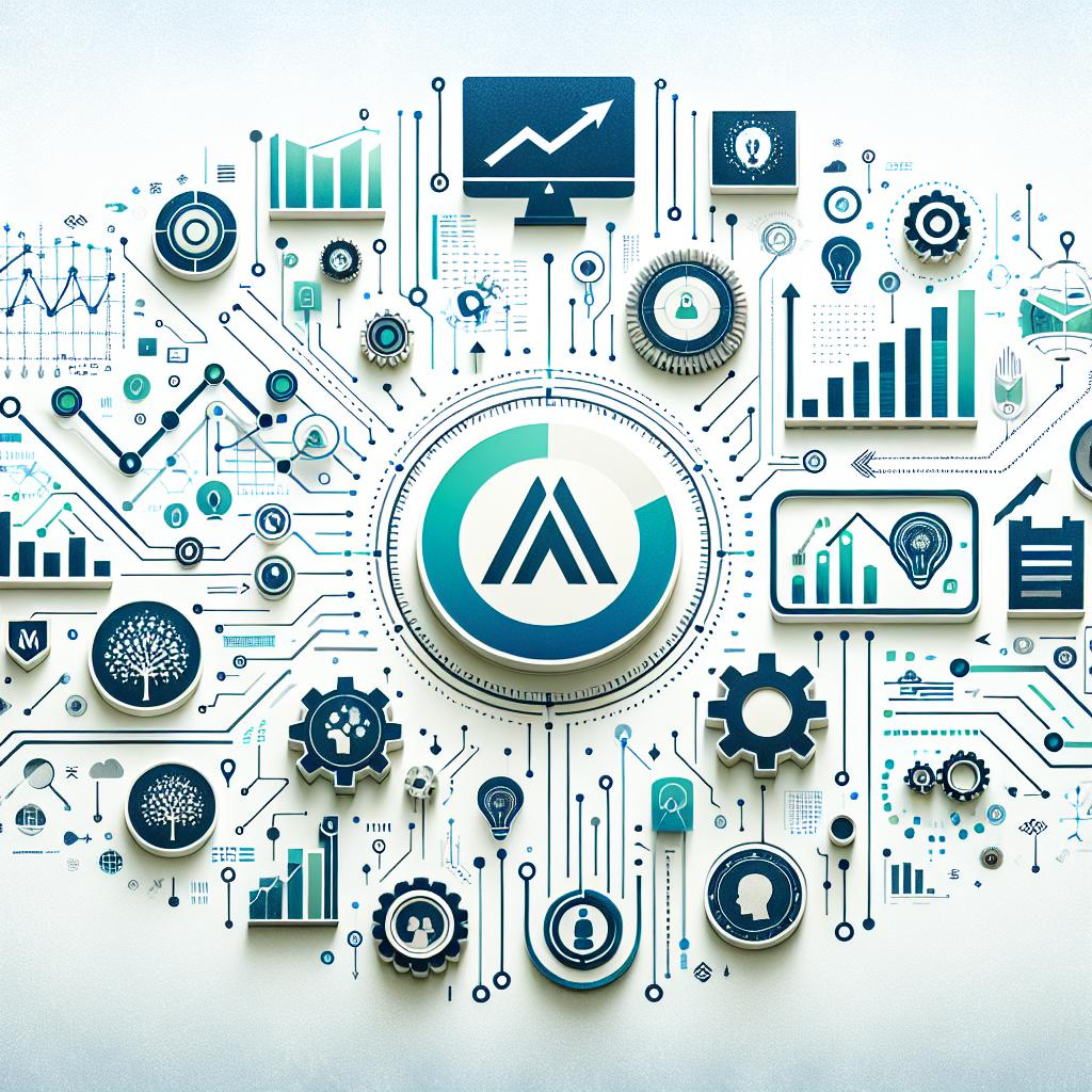Generate a 2D, flat, corporate styled image with a white, textureless background. The modern, vector-styled image should have growth charts and icons depicting artificial intelligence and automation as its elements. These graphics represent the increase in efficiency and ROI from AI implementation. In the center of the image should be a logo, symbolizing the innovative nature of business automation. Don't use the Moveworks logo, but make sure the logo used will give the feeling of leadership in automation. The color scheme should include shades of blue and green, conveying innovation and trust.
