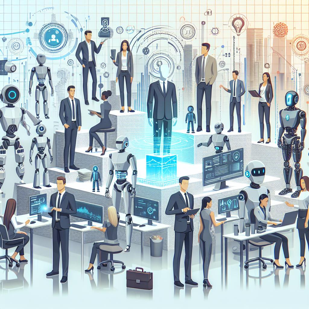 Title: Rise of AI Agents: The Future of Technology. Picture a futuristic representation of male and female workers of various ethnicities - Caucasian, Black, Hispanic, Middle-Eastern, South Asian, and East Asian - and AI agents working together in a modern corporate environment. The robots and intelligent systems are interacting with the humans. This scene is set against a white, textureless background with a 2D, linear perspective. Visualize this image in a flat, corporate vector style. Add cool color shades to convey innovation and technology. Also, incorporate symbols of collaboration between AI and human workers, and the modern setting should reflect the future of work. Add in technological growth charts to show progress and evolution.