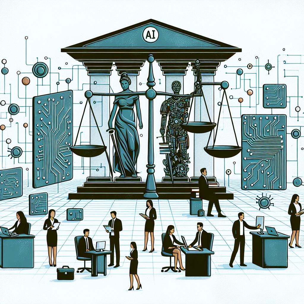 A flat, vector-style 2D illustration taking inspiration from a corporate aesthetic. The scene unfolds on a textureless white background and represents the marriage of artificial intelligence and the legal sector. A justice balance is prominently placed, signifying the law and the legal profession, next to a blueprint of technological circuits, suggesting the involvement of AI. Legal documents are scattered around to illustrate the focus of AI application. A diverse set of law professionals - an Asian female attorney, a Caucasian male lawyer, and a Hispanic female judge - are depicted, busy and engaged in their work, showcasing the transformation of their workflows through the integration of AI.