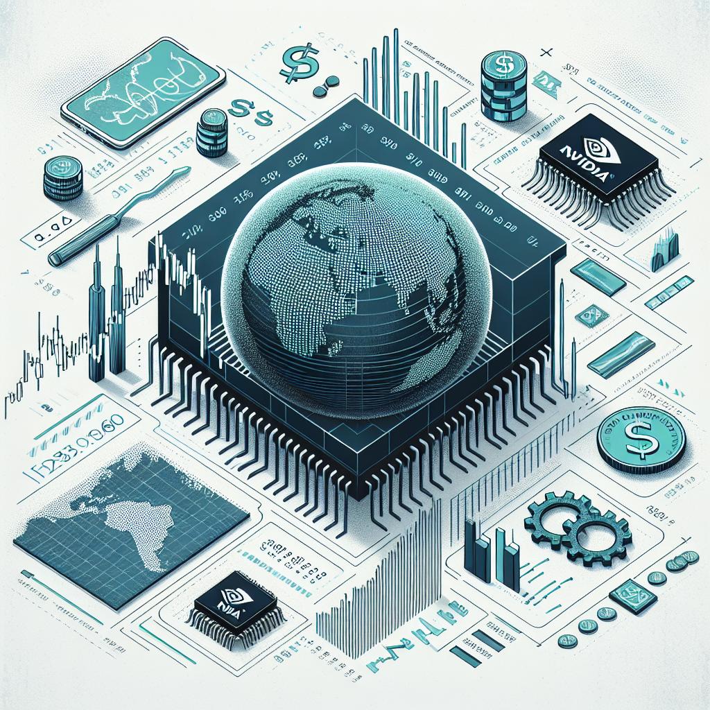 Create a 2D, vector-style, corporate illustration on a textureless white background. The image should represent the nearly 9% drop in Nvidia's shares due to new tariffs and concerns about unauthorized chip exports to China. Incorporate several elements: low stock market charts showing the fluctuation in share prices; a world map signifying global trade and tariffs; a computer chip as a symbol of the technology and semiconductor industry; and currency symbols to highlight the impacted economy.