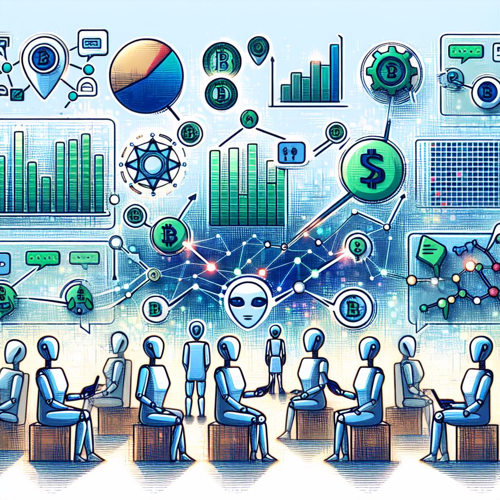 Picture a 2D, flat, corporate-style artwork in a linear perspective set against a white, texture-less background. In this digital environment, there are various AI agents engaging with each other, exemplifying the novelty in the crypto market. Visual elements include market trend graphs and digital tokens, representing new investment opportunities, and social media icons that put emphasis on bot interactions. The color scheme is primarily in shades of blue and green, colors that typically signify technology and growth. These AI agents are employed to augment reach and carry out blockchain transactions, a phenomenon known to have gained traction around December 2024.