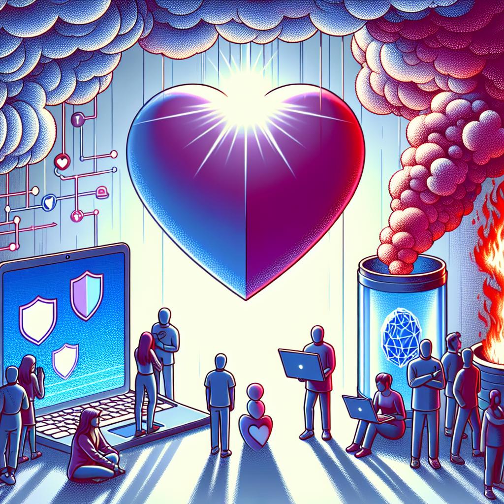 Create a 2D, linear perspective, illustration with a flat and corporate style. The background of the image is white and lacks texture. The elements in the scene include a heart, symbolising empathy towards young users, a shield representing safety and protection, and a computer denoting technology and AI innovation. There is also smoke in the scene illustrating user's confusion and discontent, combined with a source of light, signifying hope and responsible change. This vivid depiction shows the duality of safety and freedom of speech in the context of digital platforms, aiming to protect younger users amid backlash due to imposed restrictions.