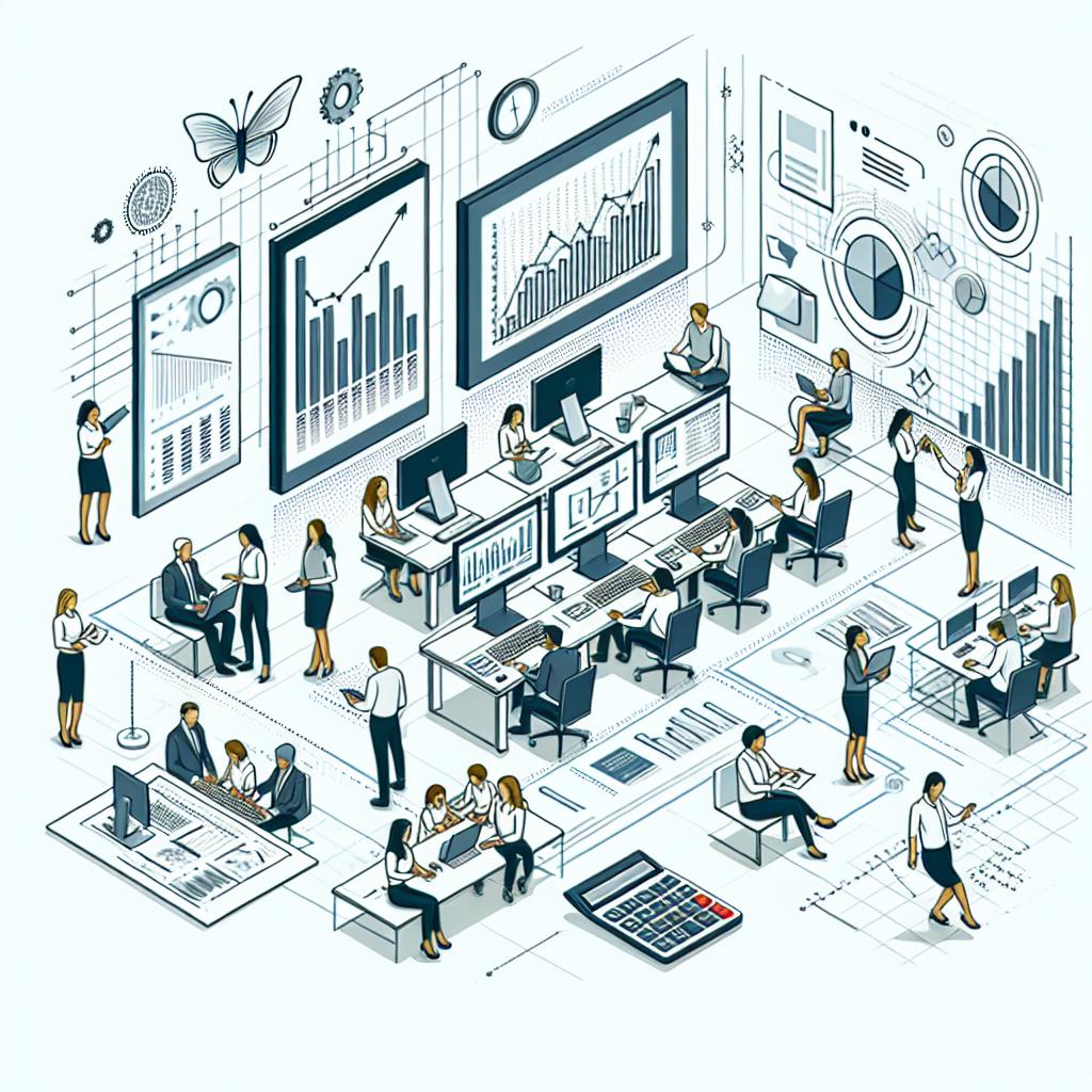 Illustrate a modern corporate office setting in a flat, vector art style with a 2D linear perspective against a clean, white, no-textures background. The office is bustling with diverse individuals collaboratively working on computers, interacting with performance charts. Accounting-related visual elements such as calculators and documents are also showcased to signify the integration of technology with accounting processes. Computers symbolize digitization and automation, charts portray improvements in performance and efficiency, while accounting documents illustrate the transition from manual to automated processes.