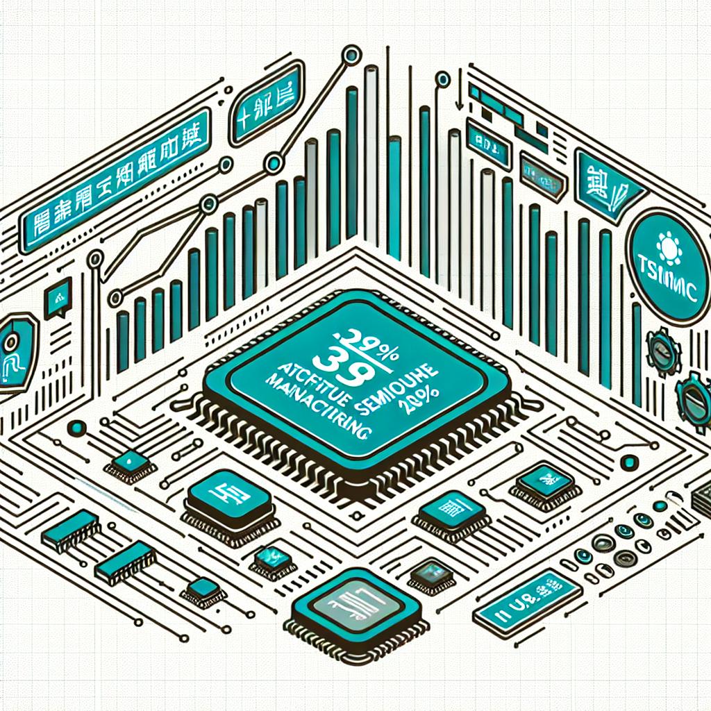 Create a vector-style, flat image using a corporate aesthetic, set against a white, textureless backdrop. This 2D image has a linear perspective and consists of several components. Firstly, a graph indicating the revenue growth of the Taiwan Semiconductor Manufacturing Co. (TSMC) for 2024, showing a 39% rise and a total income of NT$868.5 billion (equivalent to US$ 26.3 billion). This aspect of the image signifies the expectation of continued artificial intelligence (AI) hardware investments into 2025. Additional elements include logos of generic tech companies that represent TSMC's main customers and chip icons symbolizing the technology industry.