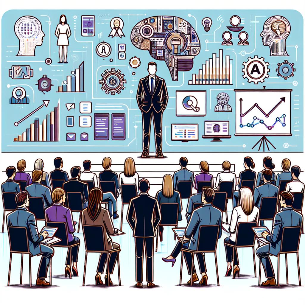 Create an image in a corporate, flat, vector style depicting a scene from a business conference. The main focus is a speaker, who is discussing the uses of artificial intelligence in customer experience, standing on a stage. The speaker is a Caucasian male in a business suit. The audience is composed of attentively listening professionals of various descents and genders. Some attendees are taking notes, some are viewing the presentation through their tablets and laptops. The background elements include symbols of data and technology, such as line graphs, bar charts, and AI symbols, showcasing the analysis and impact of AI. There are also logos of generic, non-real companies in the scene hinting at partnerships and tech solutions. The image is set against a white, untextured background and depicted in a 2D, linear perspective.