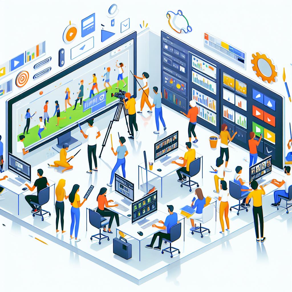 Create a 2D linear perspective image set in a corporative environment. The background should be white and without textures. The picture features a vivid, creative space where a diverse group of individuals are using the Pika 2.0 platform to create videos. Animate characters should be included, showcasing the creative possibilities the tool offers, they are seated around computer screens that display the results of their video creations, symbolizing Pika's intuitive interface. The scene reflects fun, customization, and accessibility.