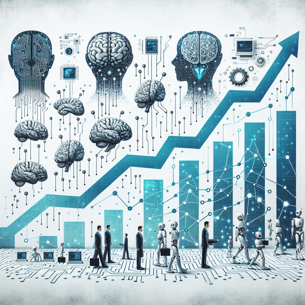 Create a 2D, flat, corporate-style illustration against a white, texture-less backdrop showing the evolution of artificial intelligence. This picture should include representations of digital brains, symbolizing the reasoning and learning capacity of AI. Also, include electronic circuits denoting the complexity and technological innovation. Show growth charts to suggest the market and financial impact of new technologies. Lastly, illustrate human-machine interactions that exemplify the emerging rapport between users and AI. The whole scene should convey the advancement and competition within the AI industry.