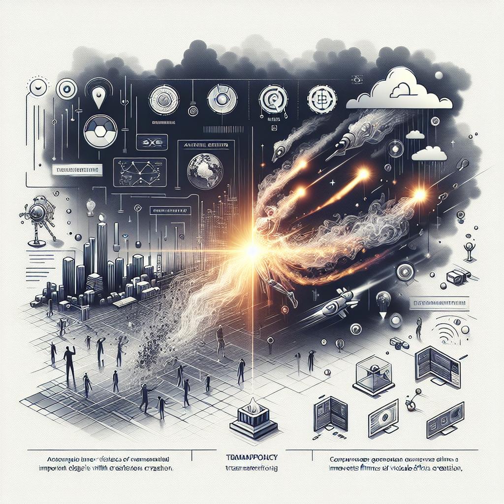 Create a 2D, flat, and corporate style vector illustration on a textureless white background. The illustration showcases a dynamic scenario that embodies the concept of movement and creation. It also features technology icons to represent artificial intelligence. As an additional element, highlight effects of smoke and light which illustrate the new features of the AI system that represents improvements in the creation of visual effects in films, games, and interactive media. The illustration should show a comparison between visuals generated without and with transparency effects, highlighting the advancements in AI for visual effects creation.