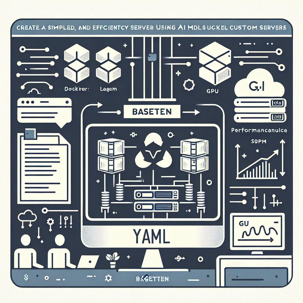 Create a 2D, flat, corporate-style vector image. The background is white and textureless. The image showcases the simplicity and efficiency of AI model server deployment using Baseten's Custom Servers, emphasizing the process with a YAML against a technological backdrop. Key elements to be included are the Docker symbol denoting containerization, a view of a YAML configuration file, GPU icons signifying resource availability, a performance chart indicating scalability, and a computer interface showcasing deployment process.