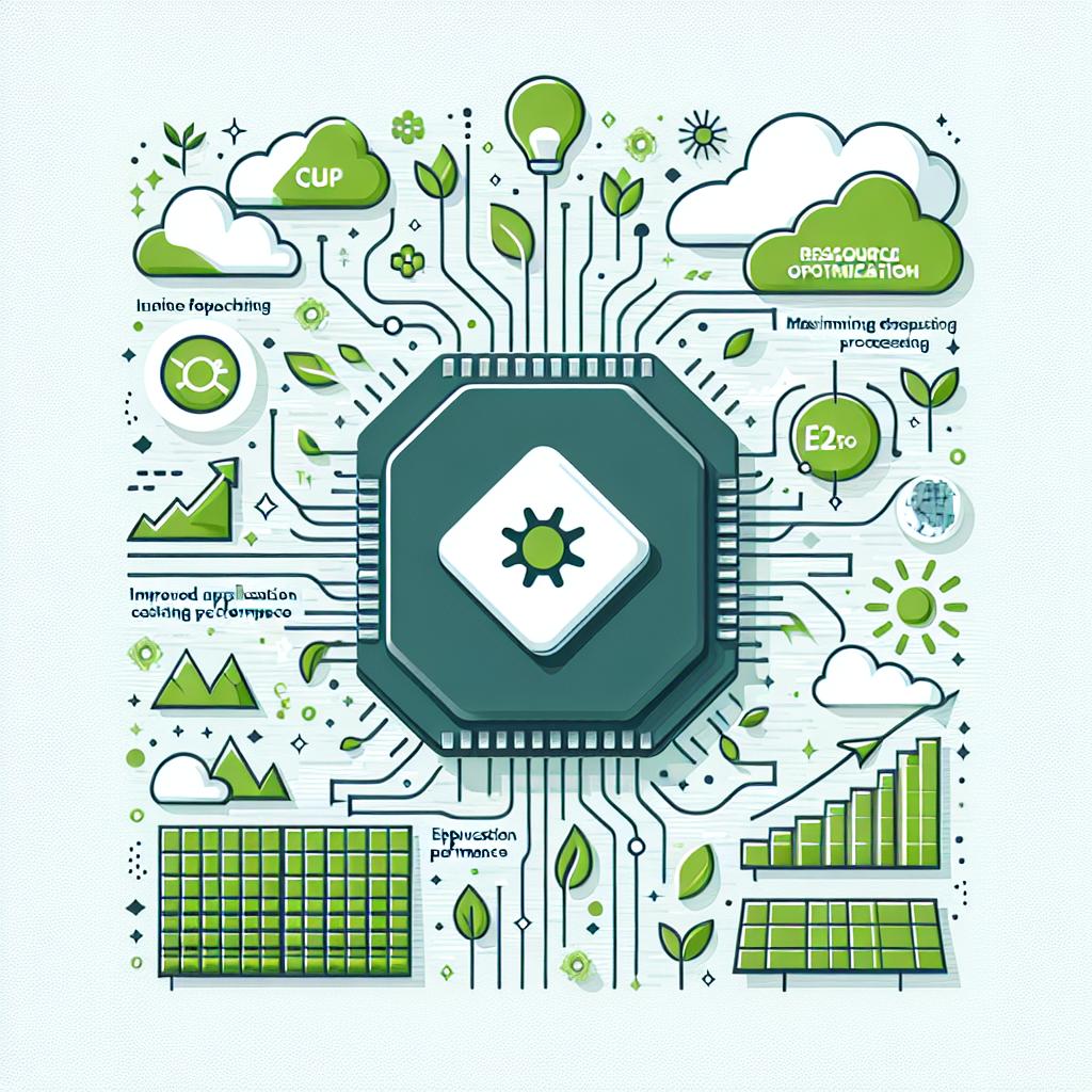 A vector, flat, and corporate style 2D image on a white, textureless background. The image should represent the resource optimization technology of a start-up called Simulation Theory. This technology focuses on maximizing the use of processing, represented by a CPU in the center of the image. Cloud symbols surrounding the CPU symbolize the reduction of cloud computing costs. Various efficiency charts using arrows show improved application performance. All these elements are set against an environmentally friendly background with green plants and solar panels, emphasizing the company's commitment to low-impact environmental practices.