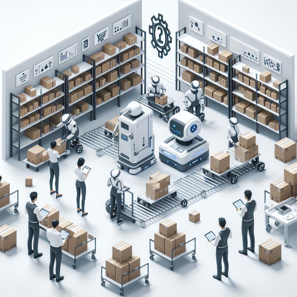 A modern and efficient warehouse environment that showcases The Digital Transformation of operations in a popular e-commerce company. In the scene, a pair of robots are handling products fulfilling tasks autonomously, emphasizing automation and efficiency. The robots are busy packing items into minimized packaging boxes, a symbol of waste reduction and commitment to sustainability. A group of employees, men and women of differing descents (Asian, Caucasian, Hispanic, African), are observing the process, showcasing the collaboration between humans and robots. The e-commerce company's logo is prominently displayed, evoking the brand behind the innovation. The warehouse environment is clean, well-organized, on a white, textureless background - accentuating the company's commitment to sustainability. Style: Vector, Flat, Corporate. Perspective: 2D, Linear.