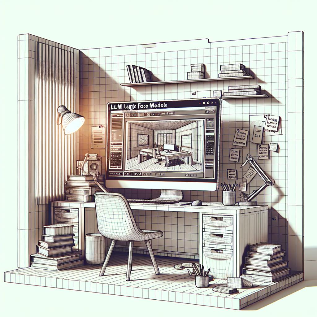 Generate an image in a corporate, flat, vector style. Depict a 2D, linear perspective of a modern office environment set against a white, textureless background. In the scene, place a desktop computer showing the interface of the 'LM Studio', emphasizing its ability to integrate Hugging Face models, and allow experimentation and development of local IA models. Around the computer, scatter books on AI and sticky notes, symbolizing an academic, research context, creative project development. Illuminate the scene with soft light to create an inviting feel.