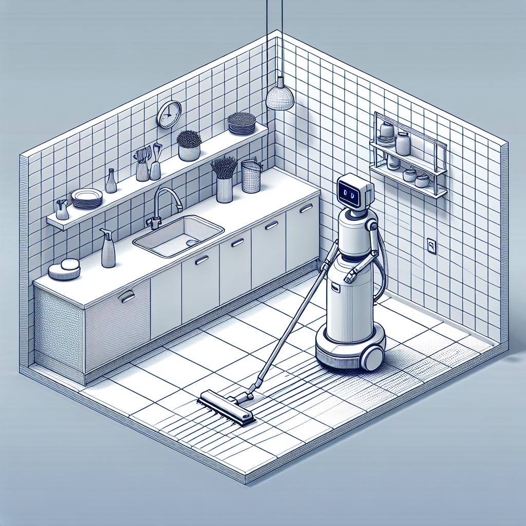 Create a 2D linear view of a modern home scenario where an innovative cleaning robot, having a resemblance to the vacuum cleaners of the mid 2020s, is actively cleaning a tiled floor. The robot should appear like it is connected to the home's plumbing system, symbolizing a near-autonomous cleaning experience. The image should be flat and corporate in style with a plain white, textureless background. The clean tiled floor should signify the efficiency of the technology. Make sure the ambiance of the home feels well-lit and cozy, emphasizing the comfort of the household.