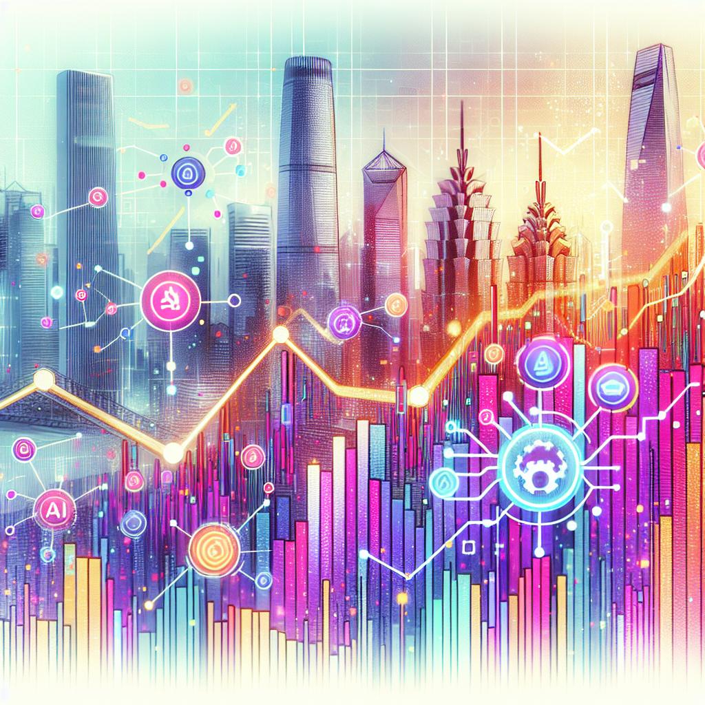 Create a vibrant, flat, and corporate-style visual representation, suited to the 2D linear perspective, of the relationship between artificial intelligence (AI) and the growth of the stock market in China. The scene is set against a white, textureless background. Depict growth charts to symbolize the expansion of the financial market and include AI icons to represent the focus on technology. The overall use of vivid colors should be applied to draw the viewer's attention.