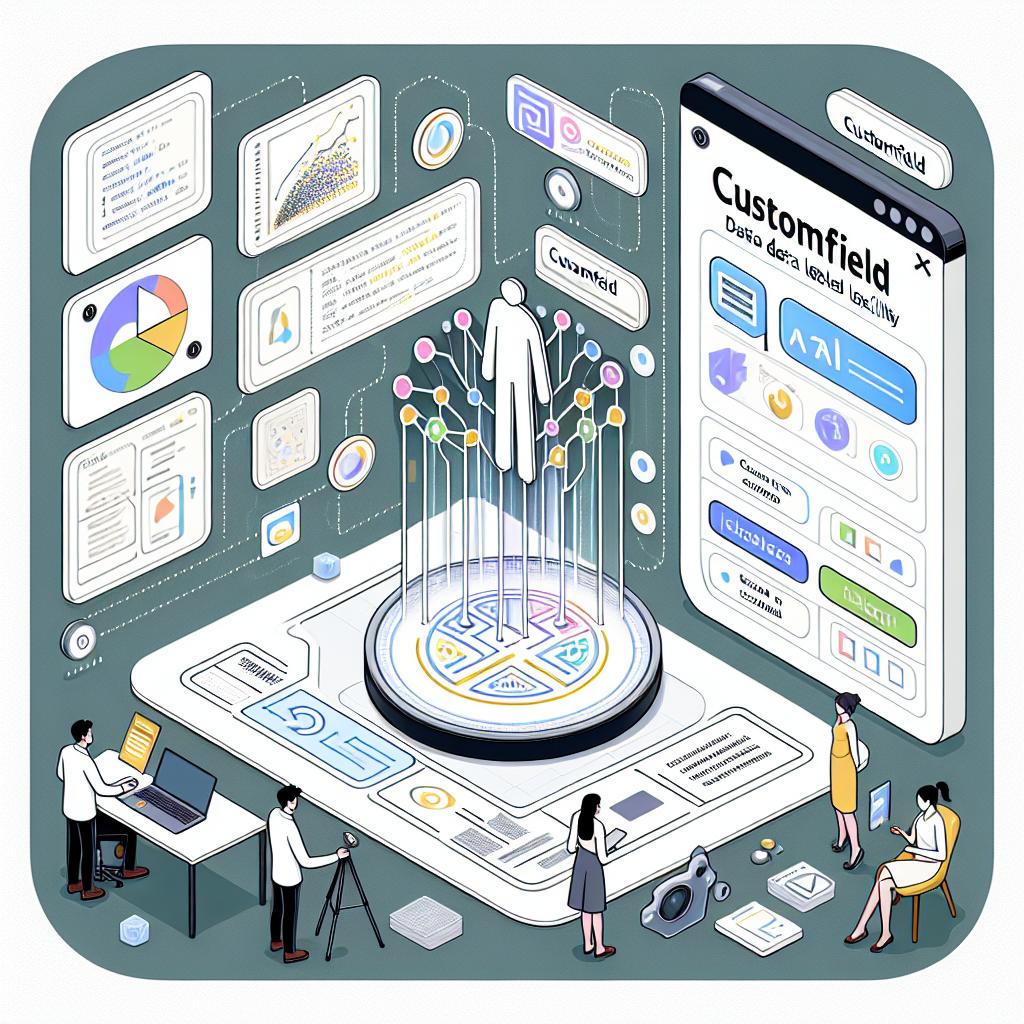 Picture a 2D, flat, corporate style image showcasing the launch of a new feature called 'CustomField' by Argilla on October 16, 2024. Designed for AI project development, the feature promises data labelling flexibility. The image is expected to have a white and textureless background, tailored to create a user-interactive interface scene. Key elements to be featured include a real-time code editor, interactive 3D model visualization, a visual comparison of images for analysis, and a structured translation table. The illustration should be vectorial.