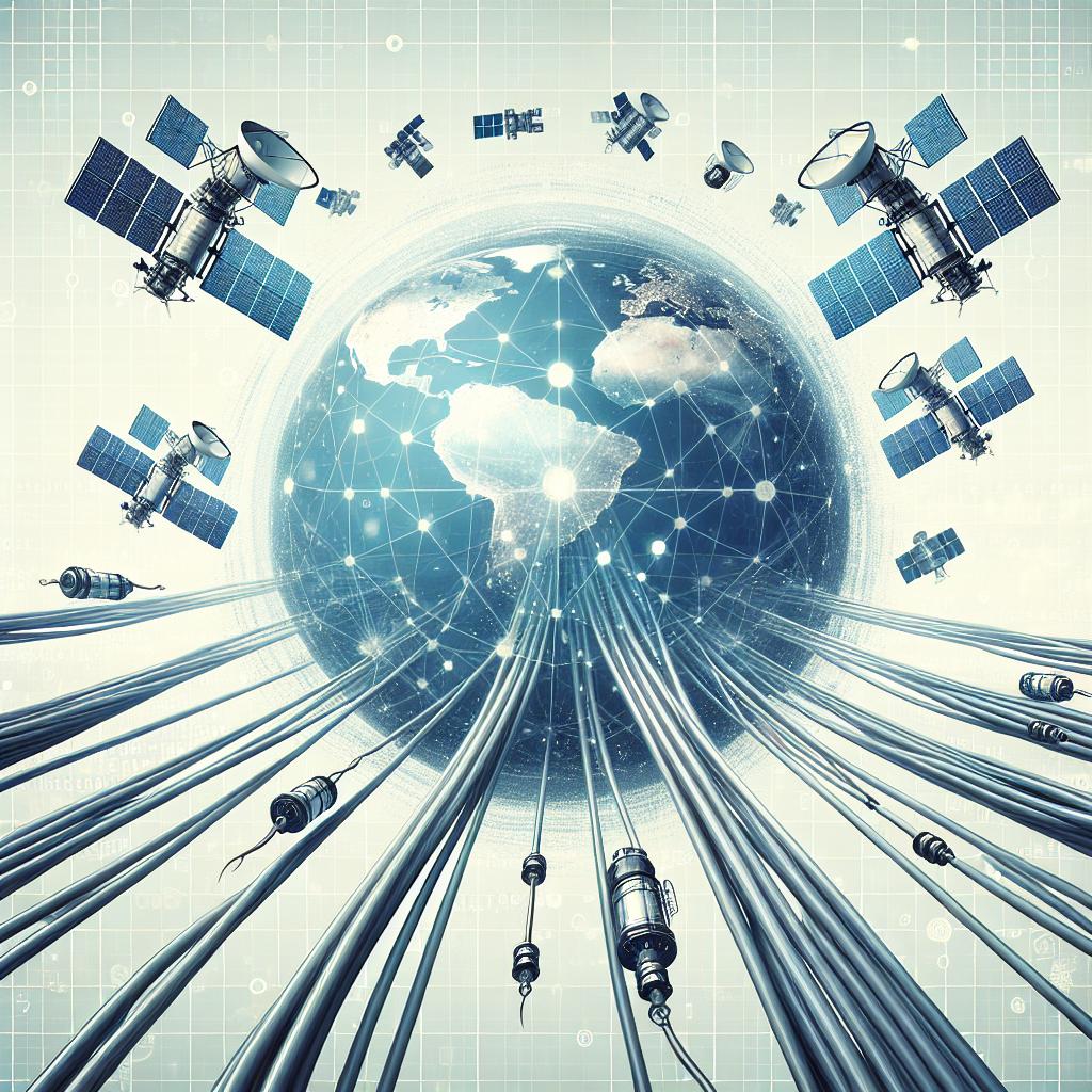 Create a 2D, flat and corporate-style image on a non-textured white background that visually represents the interconnectedness of the Internet's infrastructure. Display a series of satellites, symbolizing orbital communication, and showcase underwater cables to illustrate the fragility of the current infrastructure. Include a digital background to suggest global connectivity. Please do not incorporate specific figures or logos to maintain a general and abstract representation of the topic.