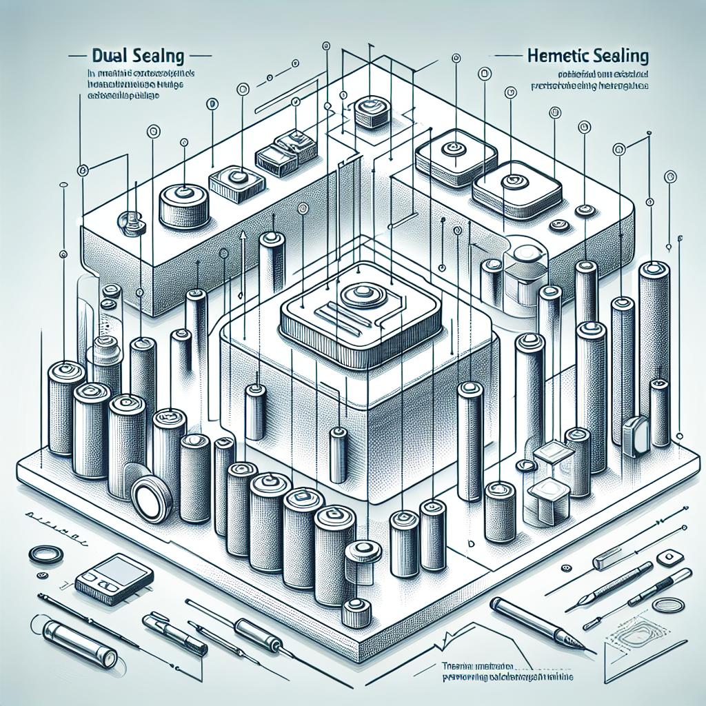 Create a 2D, linear perspective vector-style image that depicts the technical concept of Dual Seal method applied to microbatteries, highlighting its importance in preserving the batteries' performance. Utilize a plain white background with no texture. Visually represent the technique of hermetic sealing, known as Dual Seal, as a key feature of the image. Accentuate the miniaturization of devices with illustrations of microbatteries. Also, include some illustrations of various electronic devices that make use of these microbatteries, manifesting a corporate yet informative graphic design.