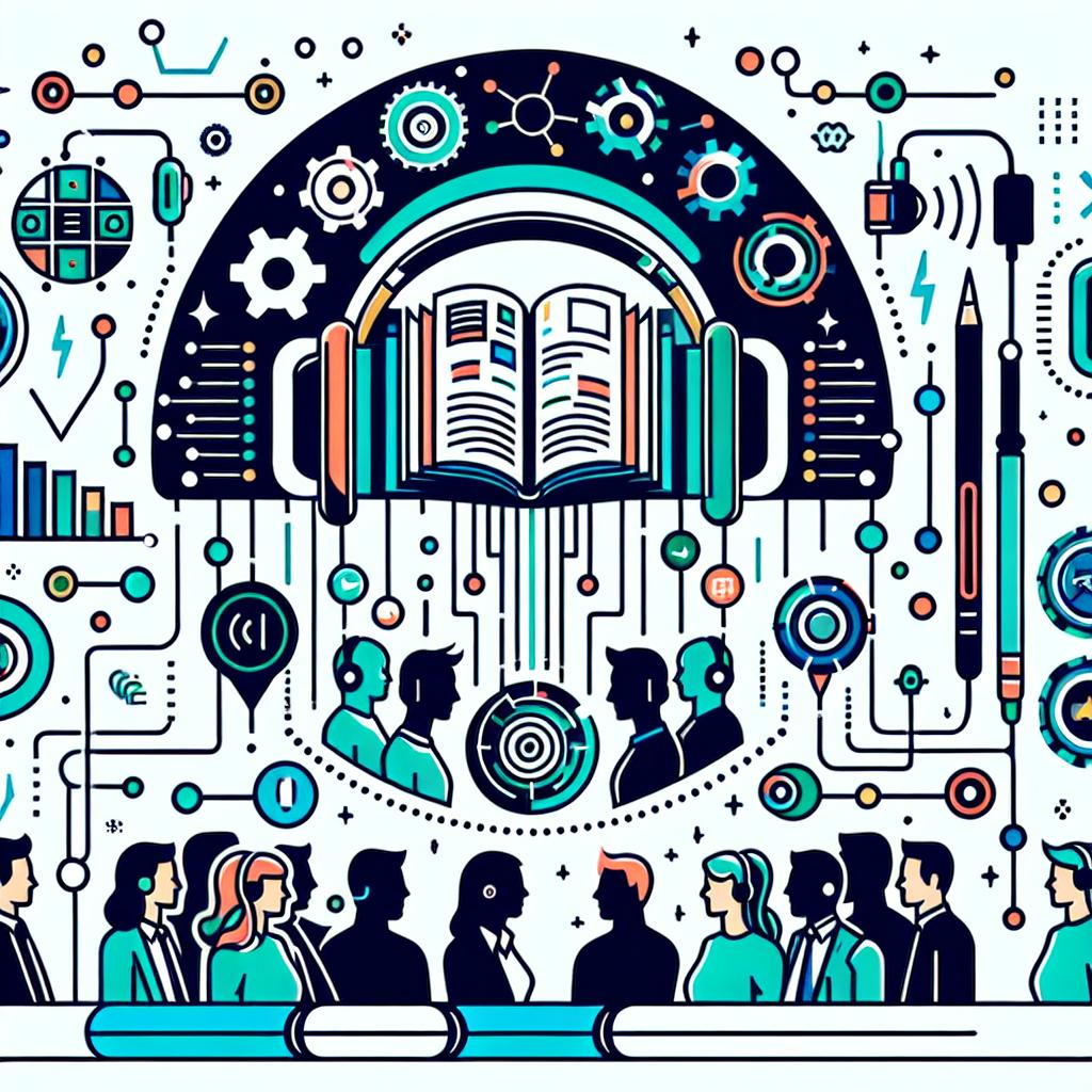 Illustrate a flat, vector-style corporate image in a 2D, linear perspective that portrays the collaboration between two companies in the audiobook market. The image should be on a white, texture-less background and should include the logos of the two companies, hinting at their partnership. Highlight audiobooks as the subject matter. Incorporate technology elements such as circuits, symbolizing artificial intelligence's influence on publishing. Apply vibrant colors like blue and green to convey a sense of modernity and innovation. Feature silhouettes of listeners to represent the diverse audience consuming audiobooks - including men and women of different descents like Caucasian, Hispanic, Black, Middle-Eastern, and South Asian.
