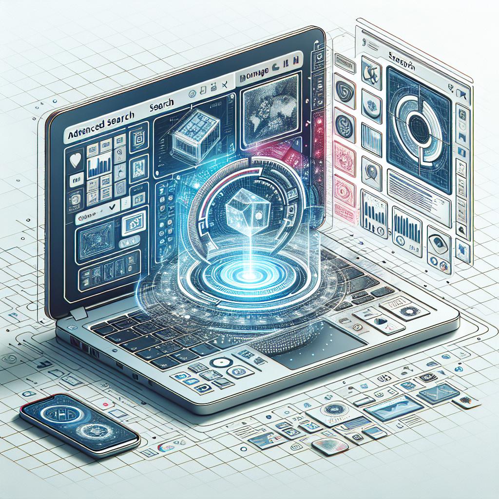 Create a clean, flat 2D vector image, corporate in style. On a textureless white background, depict a modern laptop displaying an advanced search interface, containing holograms and multimodal data representation. These elements symbolize the new functionality of Cohere's Embed 3. The holograms represent advanced technology and innovation, while the laptop symbolizes the modern workspace. The interface on the laptop's screen should be filled with diverse types of graphic and pictorial data, which refer to the different data types that are now searchable.