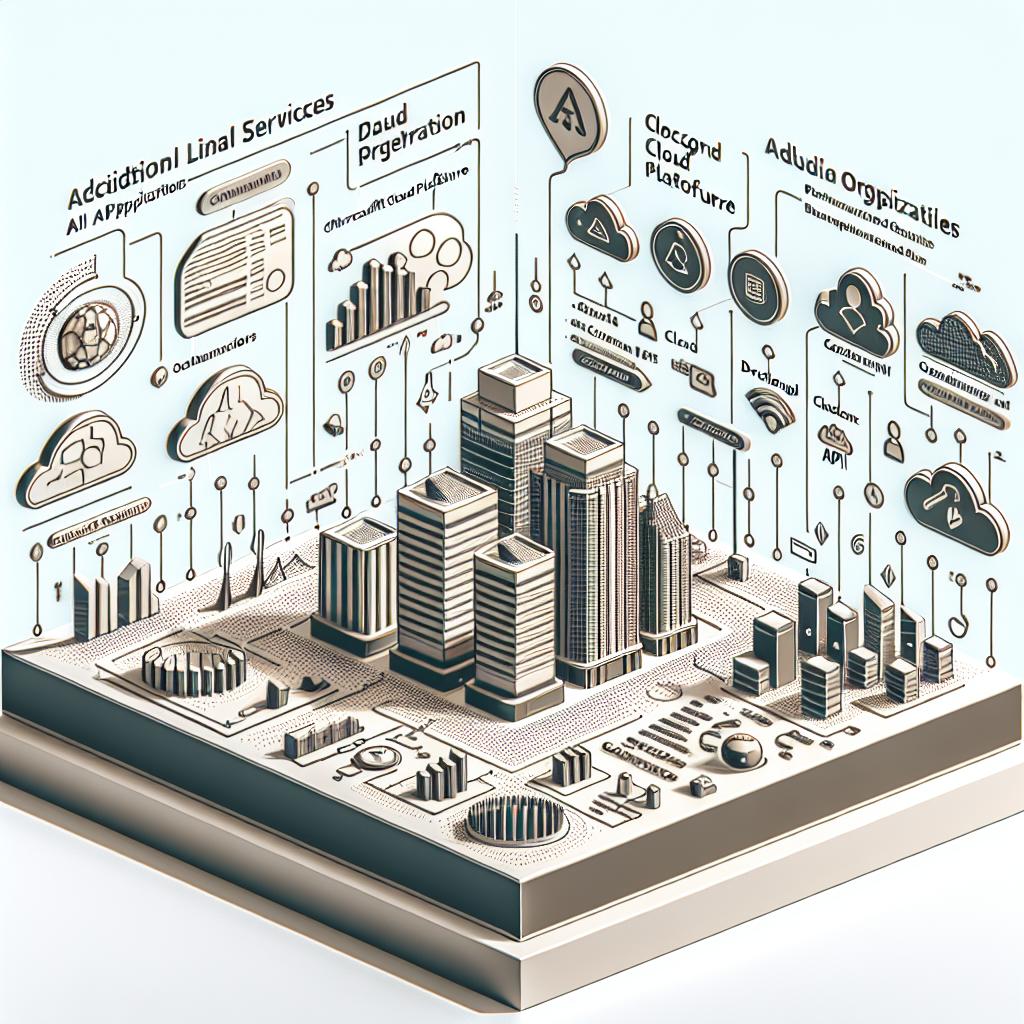 Create a 2D, linear perspective, vector-style, flat corporate image that illustrates the additional services and features of a fictional company named Pinecone. The image should be set against a white, untextured background. Incorporate elements that represent interactions between developers and AI applications. Add data graphs to symbolize the volume of organizations and indexed data. Include cloud icons to symbolize the availability of cloud platforms (AWS, Google Cloud Platform, Microsoft Azure). Also, showcase elements of code to represent the new SDKs and APIs. All elements should convey a futuristic and efficient sense of artificial intelligence technology.