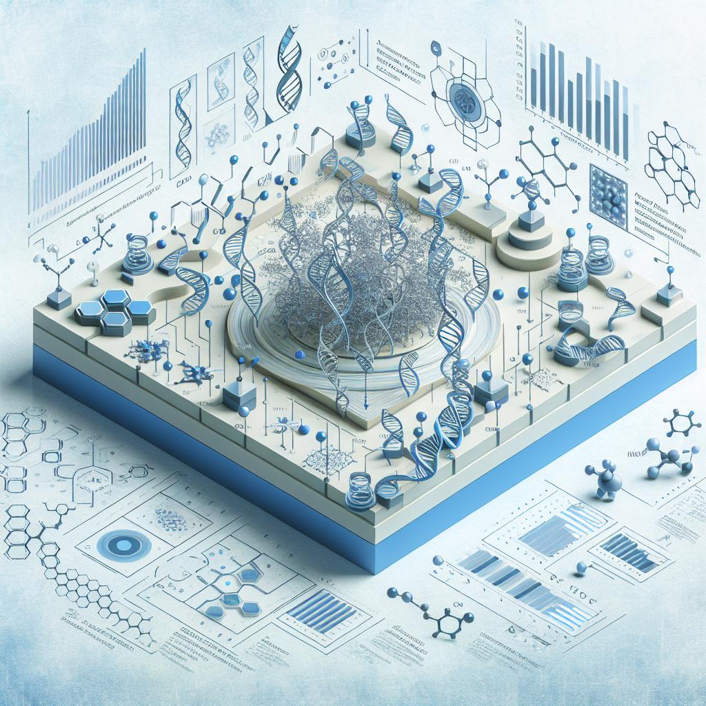 A 2D, flat, and corporate style image. Focused on a new probabilistic model, DEL-Compose, by DNA-encoded library (DEL) researchers at Insitro. The image, set on a white, textureless background, depicts the complex molecular interactions facilitated by the DEL-Compose model, emphasizing its applications in pharmacology and drug design. Key elements include DNA symbols representing the foundation of the coded library, data charts highlighting the analysis of intricate data and a scheme of reactions illustrating molecular interactions. The light blue background brings a scientific and modern sensation.