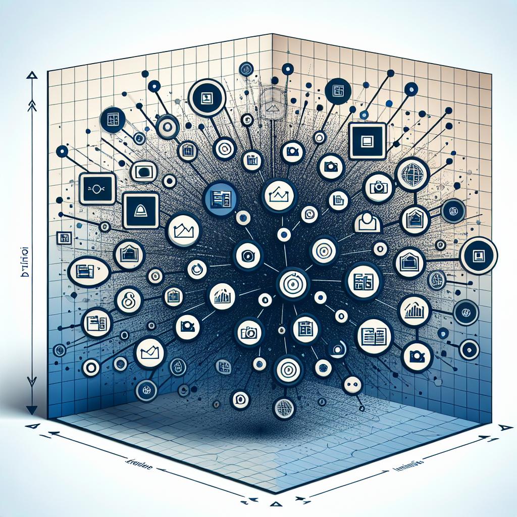 Create a 2D Linear perspective image which is illustrative of a scatter plot exhibiting the similarity among various images. The images being compared are depicted with image icons. Visual effects are added to emphasize the user's interaction. The image has a vector flat, corporate style; the background is untextured white. For an extra touch of depth and a suggestion of technology, a gradient background is incorporated. Interaction lines visibly connect the images, demonstrating their similarity.