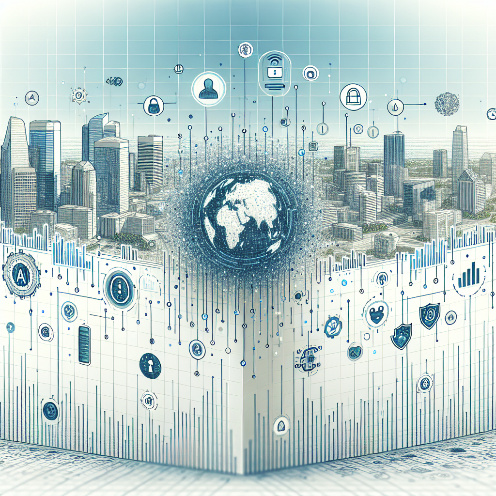 Create a 2D, linear perspective vector-style image that captures a corporate mood. The image should have a white, non-textured background and feature a digital graph symbolizing financial data analysis. Scatter AI and data security icons throughout the scene to highlight the state-of-the-art artificial intelligence technology used in this sector. In the background, provide an image of a modern cityscape, signaling the global financial world. Additionally, incorporate blue and green colors to convey trust and innovation, respectively. Lastly, explicitly feature the text 'NRI Financial AI Platform', emphasizing the name of the new sector.