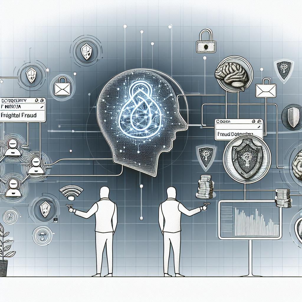 Create a 2D, linear perspective, illustration in a vectorial, corporate style, set against a white, textureless background. The image showcases the interaction between artificial intelligence agents of the 'MINERVA' system, each representing different fraud detection functions. Include a symbol representing cybersecurity as well as a web interface to showcase the system's accessibility. Add a statistical data chart illustrating the impacts of digital fraud.