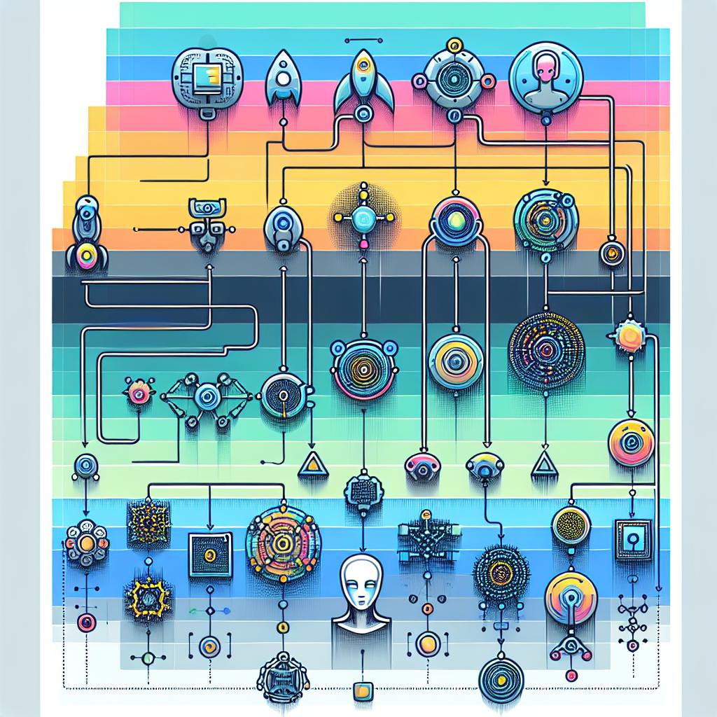 Create a 2D, vector-style, corporate image on a textureless white background. This illustration will depict the hierarchy of artificial intelligence agents, ranging from simple bots to advanced agents with self-replication capabilities. The complexity and functions of each type of agent should be visually demonstrated. Incorporate gradient colors to symbolize the evolution of the agents' capabilities and use representative icons for each type of agent to assist in visual identification. Include a timeline to illustrate the progression and expected future developments of AI agents.