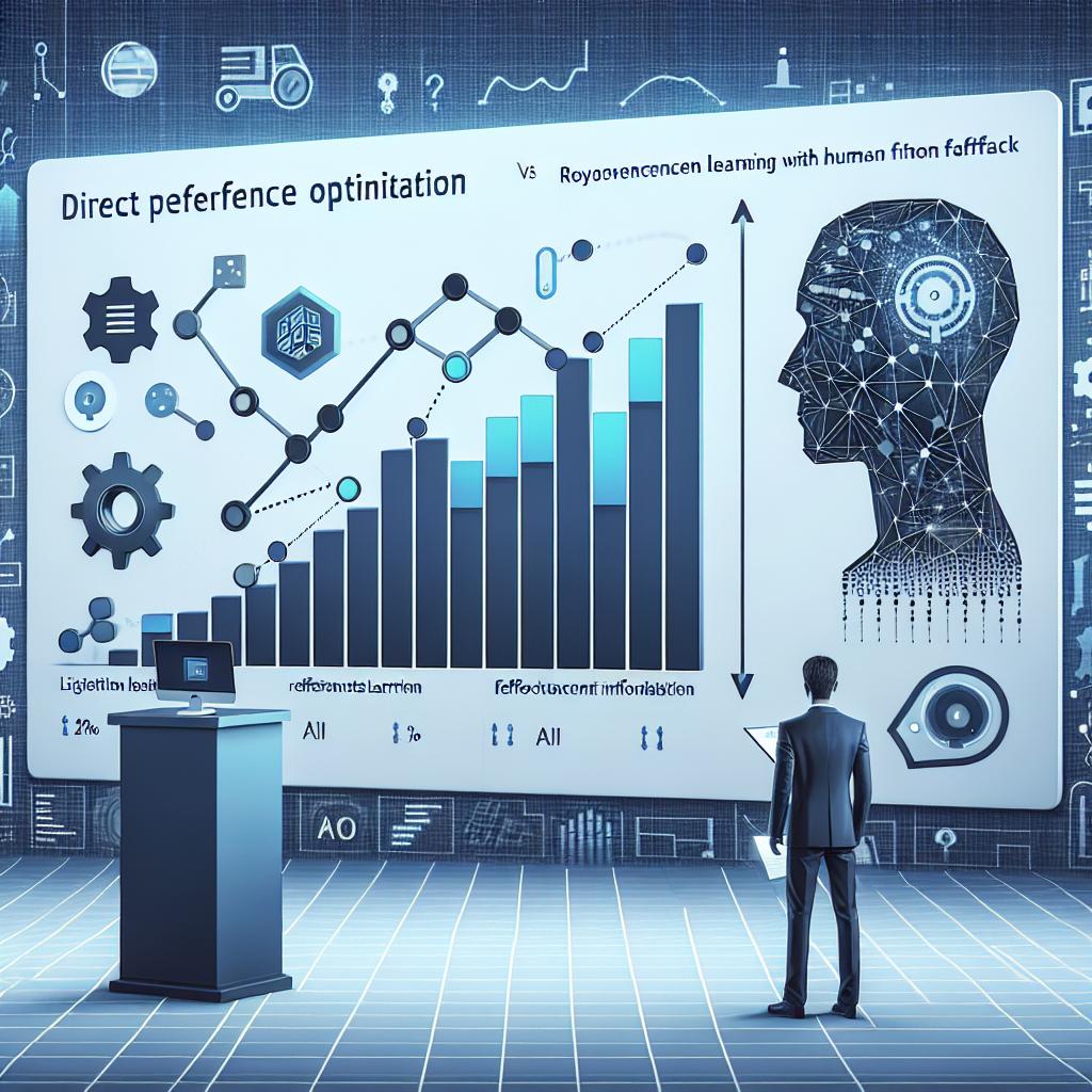 Create a 2D, linear perspective image in a flat, corporate style. The setting should be against a plain white, texture-less background. The main element of the image is a bar chart illustrating the efficiency of Direct Preference Optimization (DPO) versus Reinforcement Learning with Human Feedback (RLHF), highlighting the reduction in complexity and increased effectiveness of DPO. A technological themed background in shades of blue, symbolic of technology and innovation, should be present. Include AI icons in the scene to emphasize the theme of artificial intelligence. There should also be informative text present, briefly explaining the impact of this transition, and lines connecting the points on the chart to facilitate visualization.
