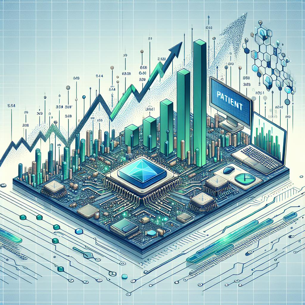 Create an image in a corporate Flat and Vectorial style. This 2-dimensional, linear perspective illustration on a plain, white background portrays the patient approach of the financial market towards Artificial Intelligence technology investment. It captures the recent rise in semiconductor stocks as financial results for the third quarter are awaited. There should be ascending graphs representing the growth of semiconductor stocks and the digital transformation brought about by AI. Feature components such as computers, electronic circuits, and financial charts that symbolize the AI's infrastructure, the technology driving the market, and the stock growth respectively. The scene should be primarily composed of vibrant shades of blue and green to evoke a sense of innovation and progress.