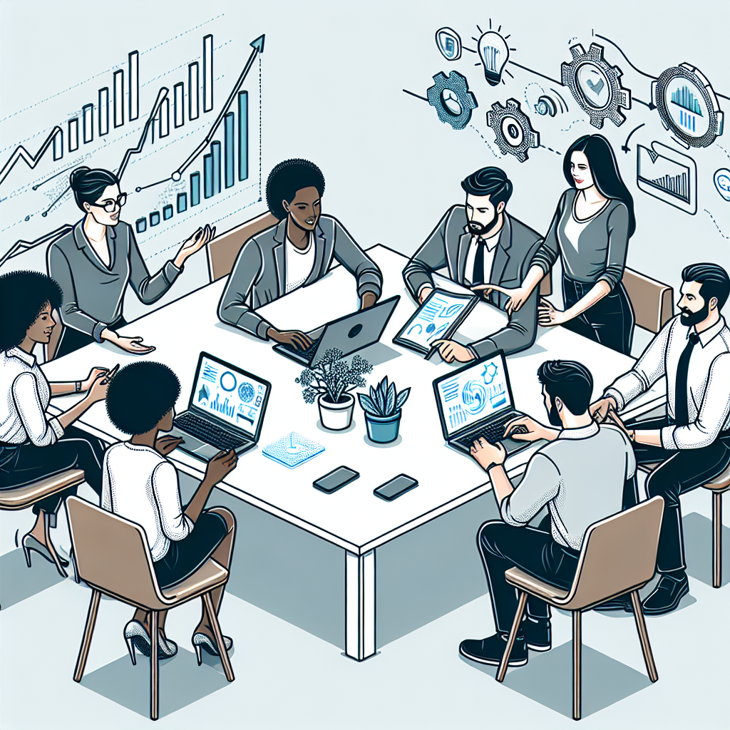Create an image in a 2D linear perspective and Flat, Corporate, Vectorial style. The image is set against a plain and textureless white background. Depict a modern office setting with a group of young entrepreneurs, animatedly discussing ideas around an open laptop. Each entrepreneur should depict diversity in this tech sector scene - include a Black woman, a Caucasian man, a Hispanic woman, a Middle-eastern man and a South Asian woman. Render static growth graphs and tech icons, symbolizing the growth potential of startups and integration of AI solutions respectively, in the background. The open laptop on the table signifies connection and collaborative work.