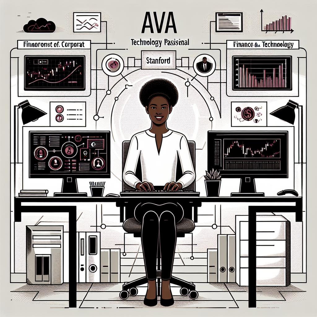 A young, black, female professional named Ava, in a modern office environment symbolizing her technology passionate journey at the intersection of finance and technology. Her first job after graduating from Stanford is at Hebbia. The image should be flat, corporate, and vectorial with a white, textureless background, in a 2D, linear perspective. Additional elements include computers to represent her tech passion, financial charts symbolizing her interest in finance, a collaborative setup reflecting Hebbia's culture, and modern lighting suggesting innovation and a promising future.