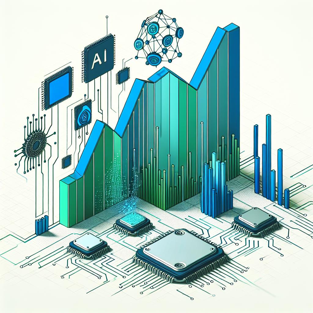 Create a 2D, linear, vector-styled corporate image. The setting is a white, textureless background. A blue and green rising graph represents the positive impact of a merger in the technology sector. Scattered around the graph and partly integrated into it, there are computer chips symbolizing the technological scope of the merger. Interfaces of artificial intelligence are also present, hinting at the AI focus of the newly merged entity. The overall color scheme is dominated by shades of blue and green, the colors associated with a major graphics processing company.