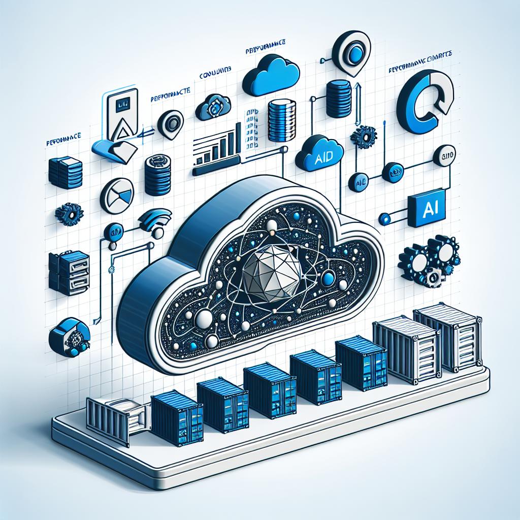 Generate a 2D, linear perspective image in a vector, flat, and corporate style. The image should represent a cloud environment with visual elements symbolizing the integration of Large Language Models (LLMs) with Cloud Run and Vertex AI. Picture white and untextured background, with blue and white colors reflecting the technological and cloud theme. Include icons of containers, signifying the flexibility and portability of applications. Also, imagine performance charts implying the solution's efficiency, and AI icons symbolizing integration with LLMs.