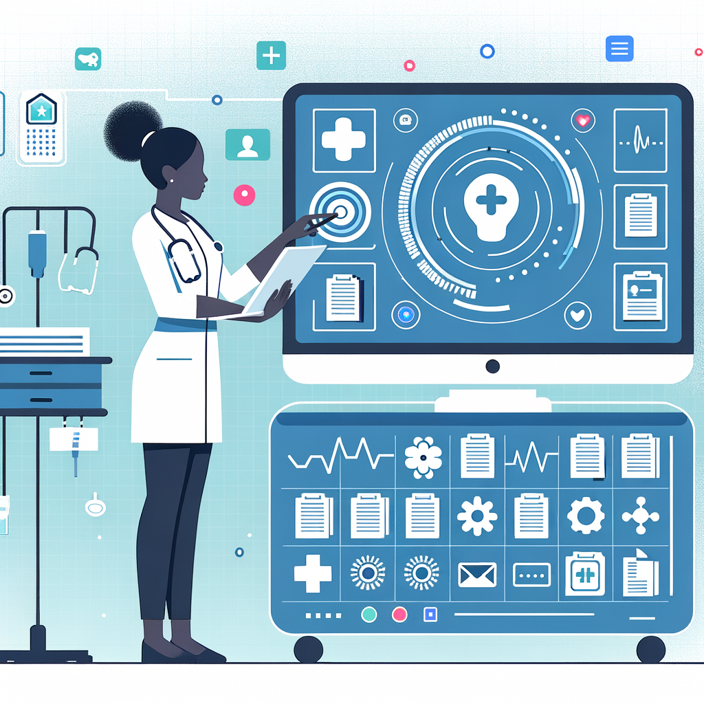 Create a 2D, flat design, vector-style image set in a modern hospital environment. It should illustrate a healthcare professional - a Black female nurse - actively using an advanced digital interface to access and organize patient records, demonstrating the application of Intelligent Document Processing (IDP) technologies. There should be visual symbols or icons indicating the components of AI and machine learning, which are underlying technologies of IDP. The image should have a plain white, texture-free background for a corporate feel.