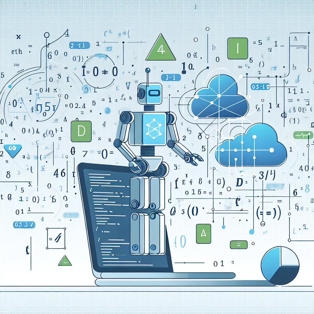 Visualize an innovative model that combines coding and mathematics in a 2D, linear perspective. The image should showcase a robot, symbolic of automation and tech, interacting with floating mathematical equations that represent the complex mathematics the model can solve. This should all occur within a digital environment, emphasizing the technological programming atmosphere. The style should be flat, vector-based, and corporate, with hues of blue and green to signify calmness and logic associated with mathematics. This all should rest on a white, untextured background.