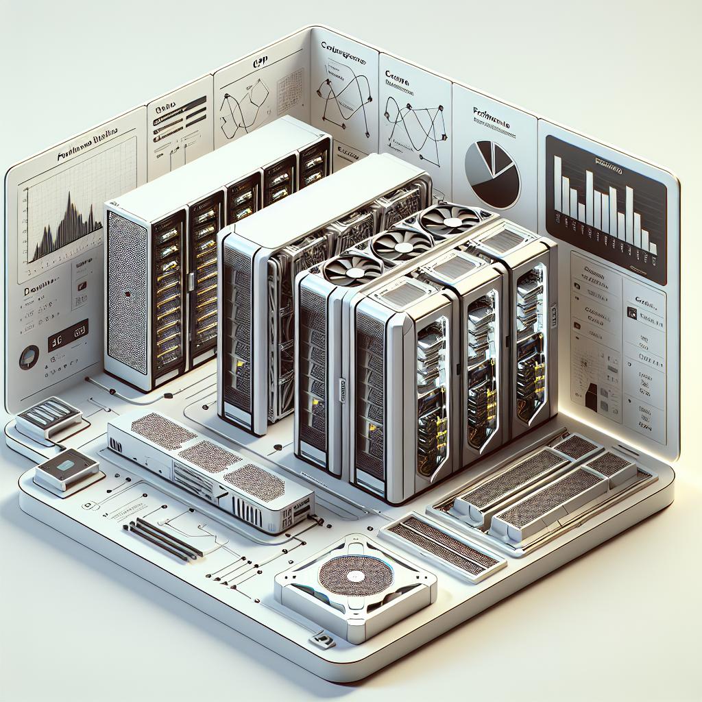 Create a 2D vectorial flat style, corporate, detailed image on a textureless white background. The main focus should be a visual representation of the HPE ProLiant Compute XD685, a high-end system optimized for training complex AI models, placed in a datacenter environment. The design needs to highlight its modular structure and high-performance components, like GPU and CPU modules to emphasize the advanced technology used. Additional features could include performance graphs to illustrate the system's efficiency and capacity. The image should convey a feeling of power and innovation in the field of Artificial Intelligence.