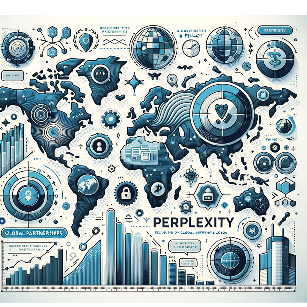 Create a 2D, linear-style image with a professional color palette composed of shades of blue and grey on a white, untextured background. The image should feature the Perplexity company logo, representing the company and its new product. An illustrative world map should be placed to symbolize the company's global expansion. Include distinctive security and privacy icons to emphasize the new product's focus on security. Growth charts should be displayed, signifying rapid growth and new financing rounds. Additionally, include unidentified partner logos, implying new global partnerships. Please note, these logos should not resemble real-world company logos.