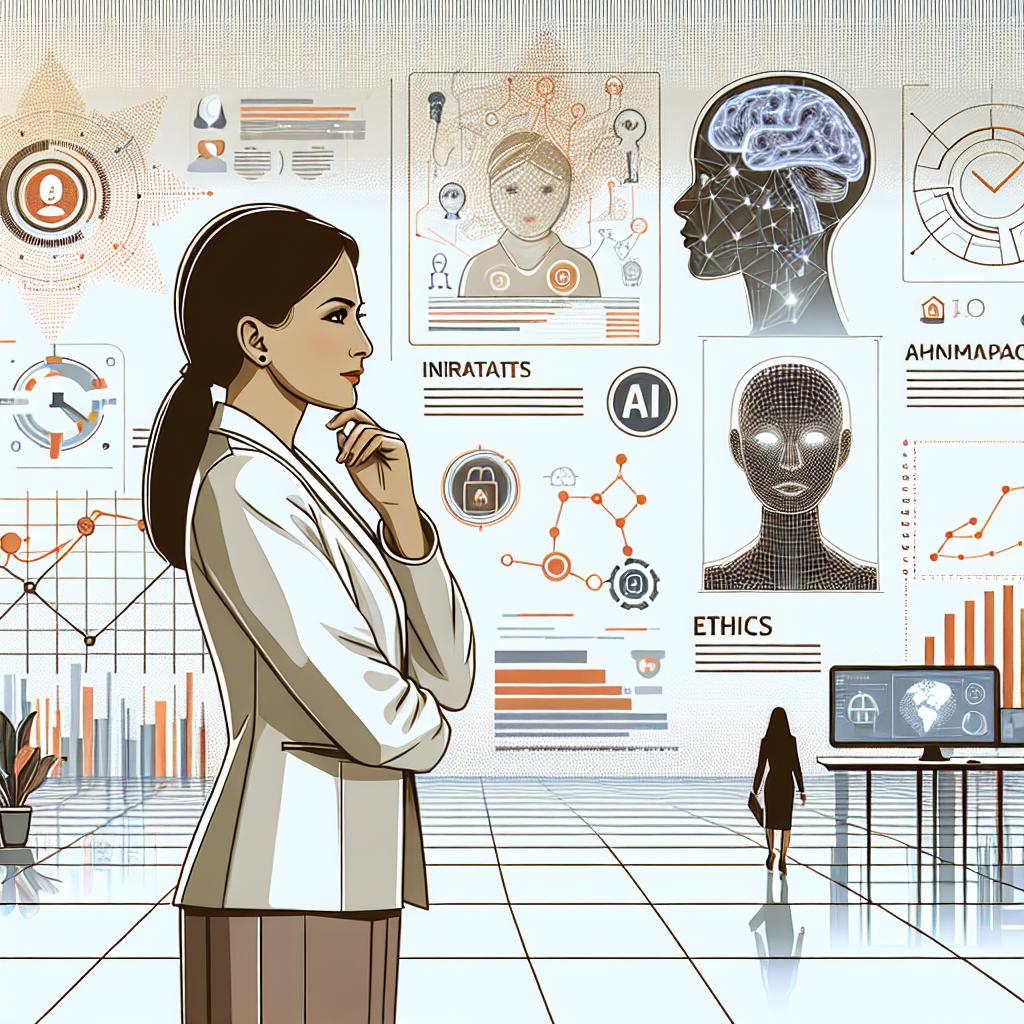 Visualize a South Asian female scientist, dressed elegantly in corporate attire, reflecting on the future of Artificial Intelligence in a tech-rich environment. The scene is set in 2D, linear perspective with a white, texture-less background. The scientist is standing against a backdrop of infographics and representations symbolizing AI data and impacts. Also, consider including abstract representations of human faces to discuss the ethics in AI. Stick to a warm color palette to convey the urgency of the topic. Aim for a vector-style, flat, and corporate aesthetic.