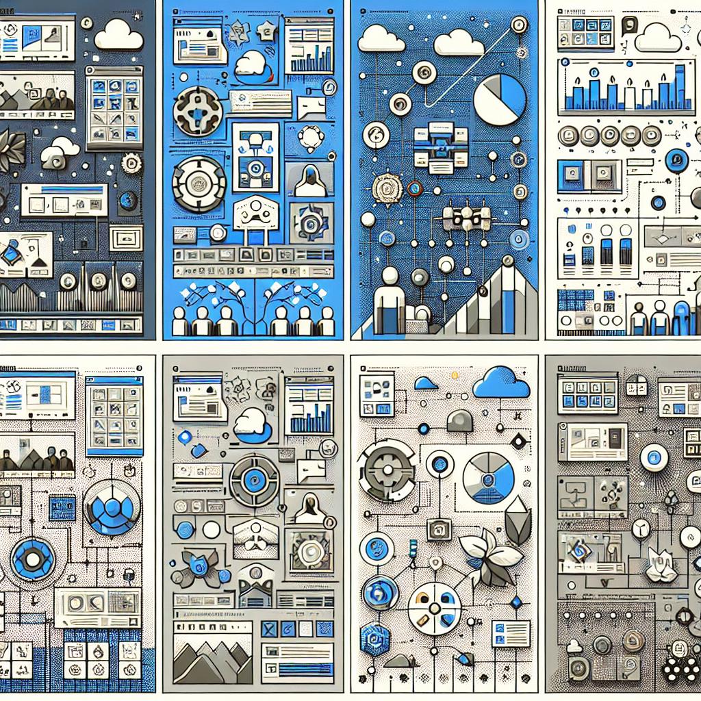 Create a 2D, linear perspective image with a white, textureless background. The style should be vectorial, flat, and corporate. In this illustration, there is a montage of images portraying the interfaces of five different video creation platform alternatives to a popular service in 2025. Scatter throughout several comparison charts that visualize the differences in functionality and pricing between each platform. Include representations of principal features with recognizable icons. Use contrasting colors to clarify the information and make it easy to understand.