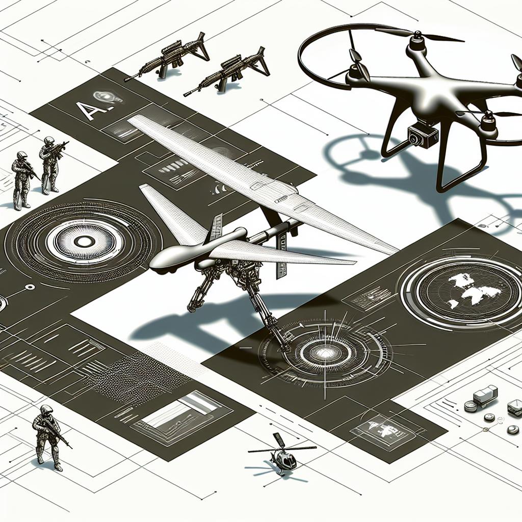 Illustrate a futuristic concept that represents the potential applications of AI weapons in war scenarios, showcasing drones which symbolize the military use of AI, military robots implying the potential automation of wars, and an AI control interface which portrays the intersection of technology and ethics against a white, textureless backdrop. The illustration should be in a 2D, linear perspective encapsulating a futurist set-up to highlight technological innovations. Stick to a vector, flat, and corporate style for this illustration.