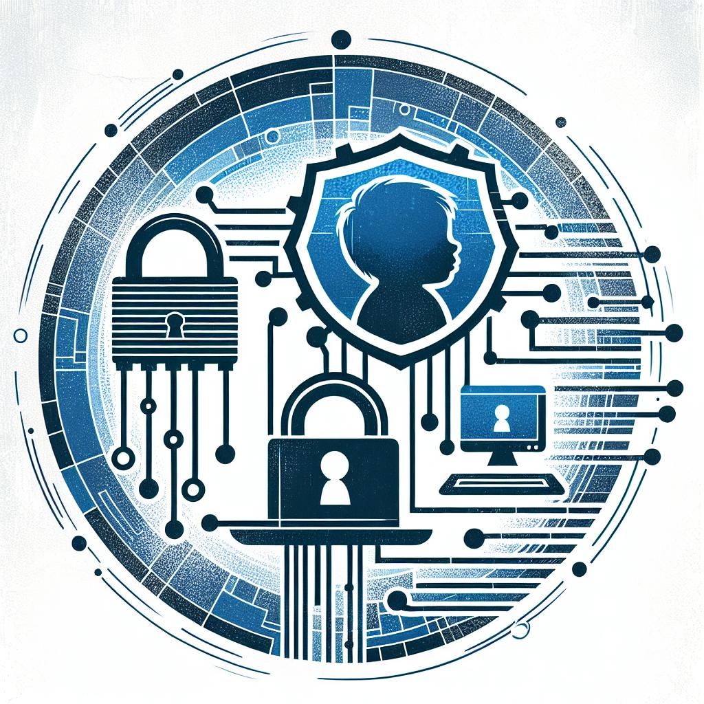 Create a corporate, flat, vector-style artwork showcasing the seriousness of thwarting child abuse through technology. The image should be presented in a 2D, linear perspective. The image consists of the following elements placed against a white, textureless background with an element of blue conveying trust and safety. It includes a padlock symbolizing safety and protection, a silhouette of a child representing child protection, and a computer symbolizing the role of technology in surveillance.