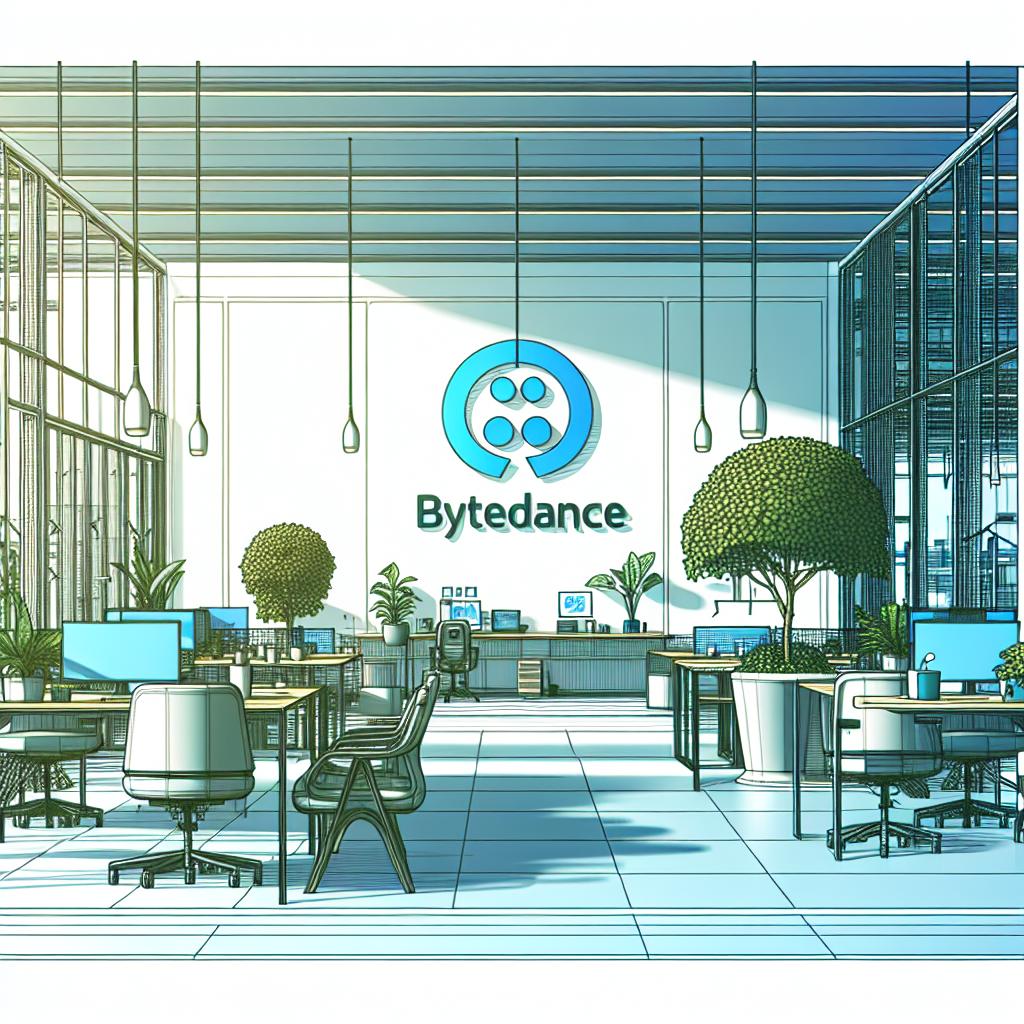Portray a modern office setting in a flat, corporate style reminiscent of the late 19th-century artworks, with a 2D linear perspective. The ByteDance logo should be prominently displayed, embodying innovation in technology and the pursuit of Artificial Intelligence development. Also included in this scene should be an ambiguous tech company's logo representing a strategic partnership. The office environment signifies innovation and progress. The primary color palette for this imagery should be blue and green, symbolizing technology and sustainability. The image's background should be white and textureless, resonating a minimalist approach.